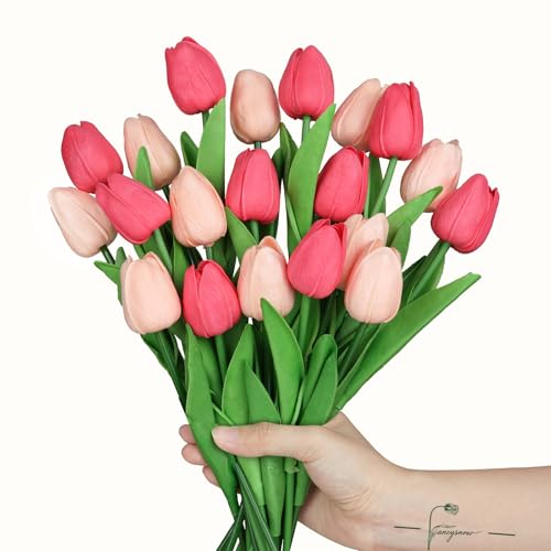20Pcs Magenta and Light Pink Tulips Artificial Flowers Real Touch Faux Tulips PU Fake Flowers for Home Decor - Easter Spring Table Arrangement in Vase (Bedroom, Living Room, Kitchen) - color: Magenta/Light Pink-20