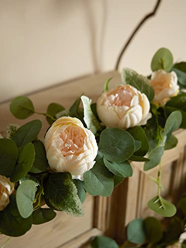MISSPIN 2pcs Artificial Flowers Garland Spring Eucalyptus Garland Vintage Fake Flower Peony Rose Vine Greenery Decorative Wall Hanging Plant for Wedding Arch Door Arrangement Party Decor - color: Light Champagne-2