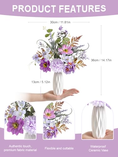 Small 11.8" Artificial Flowers in Ceramic Vase - Purple Silk Flower Centerpiece for Dining Table, Office, Wedding & Farmhouse, Home Decor Gifts - color: Purple