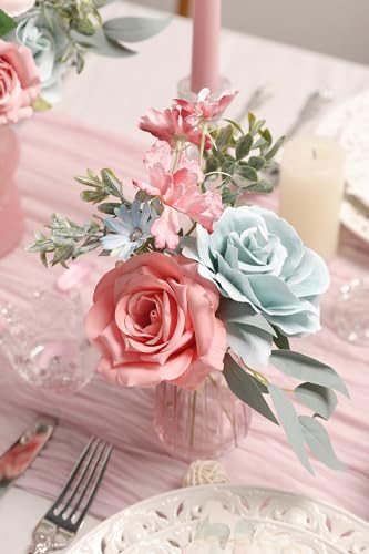 rongflower Blue Pink Artificial Flowers Combo Set Fake Flower Leaf Box with Stemst for DIY Wedding Bridal Bouquet, Centerpieces, Home Decor, Floral Arrangement Decor - color: Blue Pink