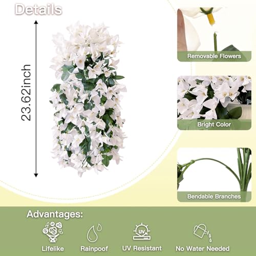 Artificial Flowers for Outdoors Fake White Bougainvillea Hanging Flower Decoration, 2Pcs Realistic Faux Silk Plants Long Trailing Vines, Spring Decor for Porch Patio Balcony Planter Yard - color: Bougainvillea - White