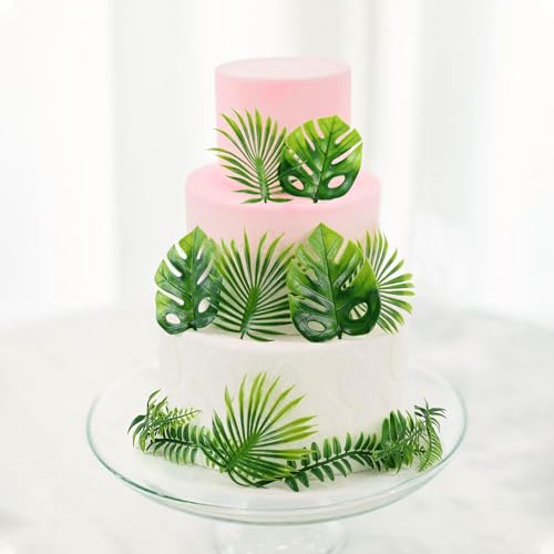 30PCS Artificial Monstera Leaf Cake Toppers Tropical Palm Green Leaves Cake Decors for Summer Safari Animal Boys Girls Birthday Tropical Rainforest Baby Shower Party Table Centerpiece Decorations - color: Green Leaves