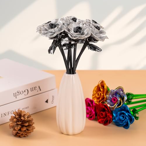 ZffXH Artificial Flowers Metal Bouquet Roses Flower,6Pcs Silver Black Fake Rose,Aluminum Armature Crafted Waterproof,Office Hotel Table Decor,Mother's Day Valentine’s Day Girl's Birthday Party - color: 6 Pcs Silver Black