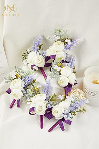 6Pcs White and Purple Artificial Boutonnieres for Men Wedding Prom | Faux Boutonniere with a Purple Ribbon, Suitable for Grooms and Groomsmen at Wedding, Prom, Various Suits, and Formal Dinners - color: Purple2# Boutonniere(6 Piece)