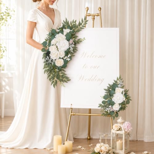 AitnWoy Artificial Wedding Arch Flowers Kit 2 PCS Dust Rose Flowers Silk Peony Floral Swag Welcome Sign for Wedding Ceremony Party Home Garland Decor - color: White, size: 28" + 11"
