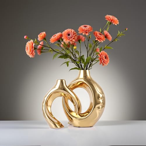 LCCCK Gold Ceramic Vases for Home Decor, Boho Vase for Flowers Pampas Grass Decorative, Hollow Donut Small Vase for Living Room Table Wedding Centerpiece Modern Vases (Gold) - color: Gold