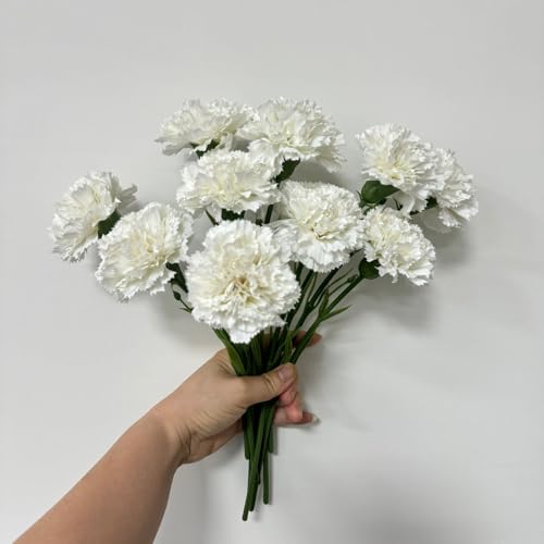 10 Stem Artificial Flowers Carnations Bouquets,11inch Real Touch Flowers with Stems,Silk Petals Fake Flowers Forever Plants for Wedding Flower Bouquet Centerpieces Bridal Shower Birthday (White) - color: White