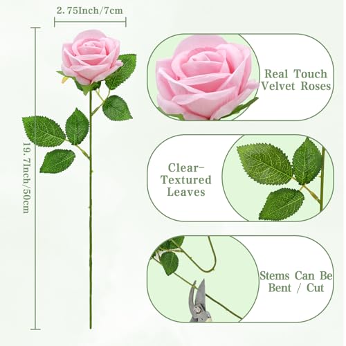 Waipfaru Pink Roses Artificial Flowers Bulk, Real Touch Velvet Roses with Wrapping Paper, 50 Pcs Fake Flowers for Wedding Centerpieces Bridal Bouquet Valentines Mothers Day Decor - color: Pink, size: 50 Pcs