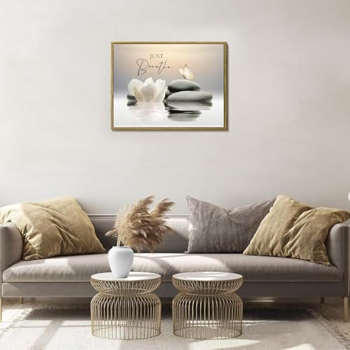 LB Spa Zen Wall Art for Bathroom Water Lily Flower and Butterfly Canvas Wall Art Wall Paintings Home Decor Inspirational Quotes Wall Pictures for Living Room Bedroom Office Ready To Hang,17x12 Inch - color: Beige, size: 12"L x 17"W