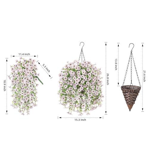 HyeFlora Artificial Hanging Flowers Basket for Outdoor, Fake Flowers Faux Plants Look Real for Yard Gardens Porch Patio Home (White) - color: White
