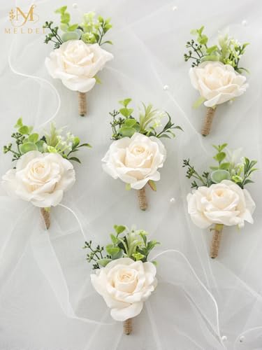 Cream Rose Wrist Corsage and Boutonniere Set for Dance Party Wedding | Pearls Wristlet Corsage for Bride Bridesmaids, Boutonniere for Groom Best Man Wedding Flower Accessories Prom Ceremony Party - color: Champagne-c 1 Boutonniere&1 Wrist Corsage