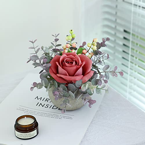 Small Artificial Pink Rose Potted Plant, 6" Fake Silk Flowers in 3.5" Round Pot, Mini Faux Floral Arrangement for Desk Shelf Bathroom Decor - color: Pink