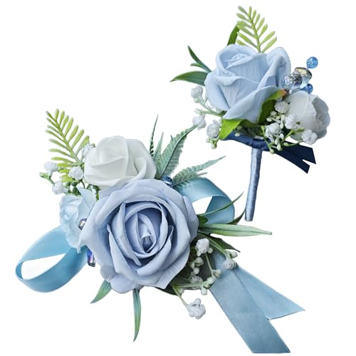 Corsage and Boutonniere Set with Blue Roses for Bride, Groom, Bridesmaids Groomsmen Weddings, Proms, Homecomings. Perfect Party Suit Decor Wedding Flowers Accessories (Blue) - color: Blue