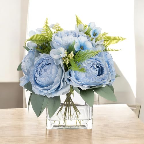 ENOVA FLORAL Artificial Flower Arrangement with Vase,Mixed Artificial Silk Peony Flower in Vase for Decoration Home Office, Wedding Centerpiece (Blue) - color: Blue