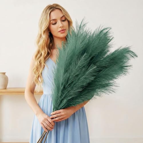 3 x Emerald Green Pampas Grass Stems, Large Feathers Decor Tall for Boho Accent Living Room Bedroom Hallway, Forest Emerald Green House Decor, Plumas para Decoraciones - color: Green