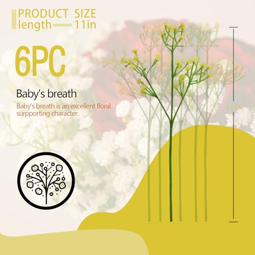 6 Pcs Babys Breath Artificial Flowers, Fake Babys Breath Flowers for Wedding Floral Arrangement Party Decor, Yellow - color: Yellow