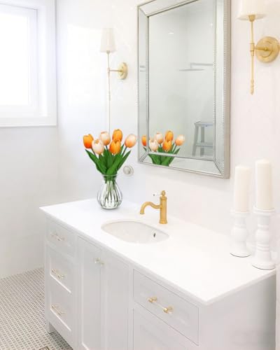 Faux Tulips Flowers Floral Arrangement - 6 Pcs Artificial Flowers with Clear Glass Vase with Faux Water 12.5" Orange & Cream Ombre Fake Tulip Bouquet Centerpiece for Dining Table Home Desk Decor - color: Orange & Cream Ombre