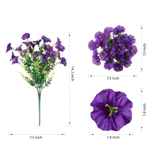 HyeFlora Artificial Flowers for Outdoors Fake Plants Outside Decoration, 12 Bundles Silk Purple Morning Glory with Eucalyptus UV Resistant Look Real Faux Flower for Planter Front Door Porch Patio Yard - color: Purple
