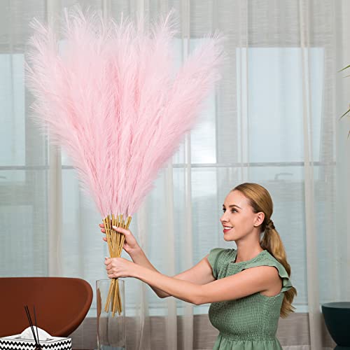 Faux Pampas Grass 6 Stems, Artificial Pampas Grass - 43 inch Total Extra Large Pompass Grass Tall Pompous Boho Flower Arrangement and Floor Vase Filler Home Decor for Room Wedding Party - color: Pink