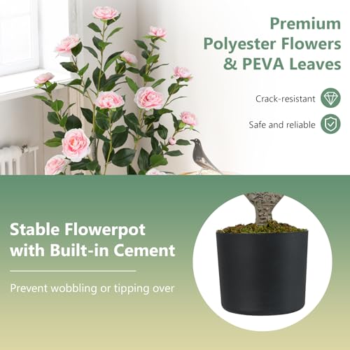 Goplus 36’’ Artificial Camellia Tree, Flower Plants Artificial Tree, Faux Floral Plant Blooming Tree in Nursery Pot, Greenery Potted Plant for Indoor Office Home Porch Decor, Pink - color: Pink, size: 36 inch