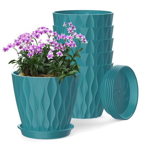 6 Inch Plant Pots, 6 Pack Indoor Flower Pots, Planters with Drainage Holes and Trays for Orchids, Violets, Succulents, Herbs, and Other Plants,Blue-Green - color: Blue-green, size: 6inch