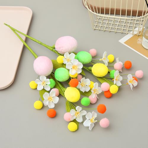 4PCS Artificial Easter Flowers, Easter Party Colorful Velvet Egg and Berries Picks Decorations, Spring Flower with Stems Egg Branches for Party Vase Centerpiece Decor (White Flower) - color: White Flower
