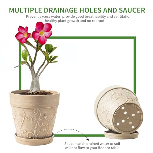 Melphoe Plastic Plant Pots Indoor with Drainage & Saucer, 2Pack 8 inch Flower Pots Outdoor Planters for Indoor Plants Garden Home Decor Cactus Succulent, (NOT-Terracotta) Vine-Embossed - color: Undecorated Pottery Color, size: 8''