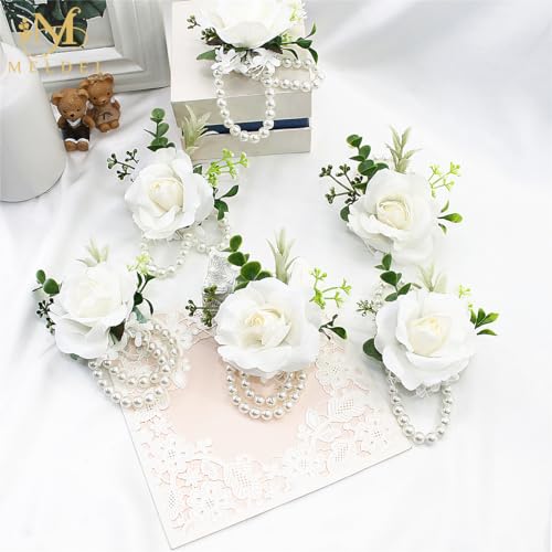 White Rose Wrist Corsage, Pack of 2 PCS Wedding Bridal Wrist Flower Corsage Hand Flower Artificial Silk Rose Decor for Prom Party Wedding - color: 2 Wrist Cosages White