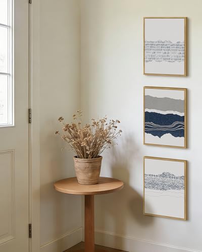 PHOPAGO Navy Blue Abstract Framed Wall Art Mid Century Minimalist Boho Wall Decor Modern Neutral Farmhouse Rustic Art Bedroom Living Decor - 11x14in Natural Framed - color: Blue Abstract, size: 14L" x 11W" x 3 Pcs Natural