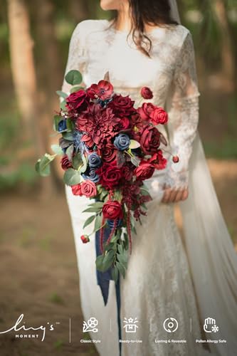 Ling's moment Navy Blue Burgandy Bridal Bouquet Cascading, Jewel Tone Wedding Bouquets for Bride, 15 Inch Bride Bouquets for Wedding Artificial Flowers Bouquets - color: Red-burgundy & Navy Blue, size: Medium 15 Inch