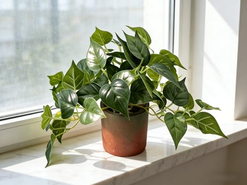 Artificial Potted Plants Life-Like Fake Plant with Farmhouse-Style Cement Planter Featuring Light Wood Tone for Room Bathroom Bedroom Kitchen Office Desk Coffee (2PCS Pothos 10inch) - size: 2PCS Pothos 10inch