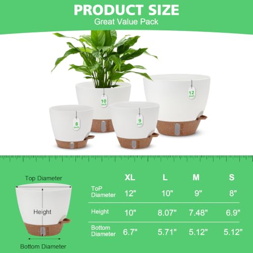 12" 10" 9" 8" Self Watering Pots with Water Level Indicator, Large Plastic Planters Set with Mesh Drainage Hole and Removable Saucer Reservoir, Big Flower Pot for Indoor Outdoor Plants - White - color: White