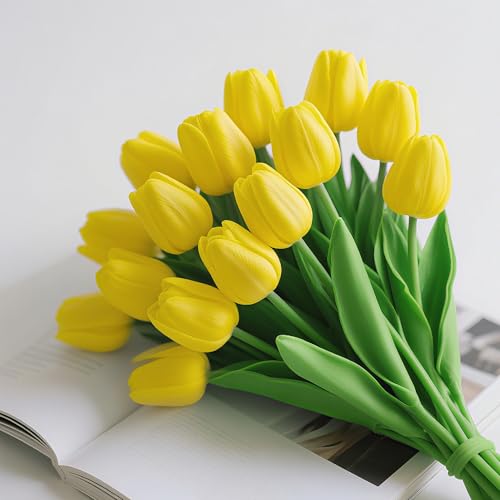 20Pcs Fake Tulips Artificial Flowers Faux Tulips Real Touch PU 13" Yellow Tulip Bouquet for Mother's Day Home Kitchen Decor Home Party Office Decorations - color: Yellow