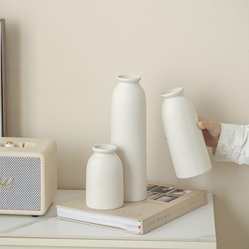 Ceramic Vase Set-3, Small Flower Vases for Decor, Modern Boho Farmhouse Style, 10.3 Inch Tall, Bisque White Color, Decorative Vases for Pampas Grass, Dried Flowers and Fresh Flowers (L Natural White) - color: L Natural White