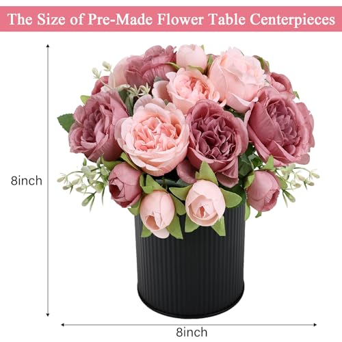 Pre-Made Flower Table Centerpieces, Set of 6 Artificial Silk Peonies with Black Vase for Wedding Reception, Modern Floral Decor for Birthday Party, Anniversary Ceremony - Vintage & Pastel Pink - color: Vintage Pink & Pastel Pink