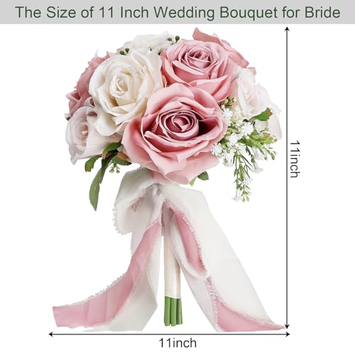Wedding Bouquet for Bride - Premade Simple Artificial Roses Flowers for Bridal Shower Destination Ceremony Anniversary Decorations - Dusty Pink & White - color: Dusty Pink & White