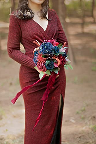 Ling's moment Burgundy Artificial Wedding Flower Bouquets for Bridesmaids Navy Blue Floral Bouquet Bridesmaids Bouquets with Ribbon Ceremony Anniversary,7-inch Diameter - color: Blu-navy Blue & Burgundy Red
