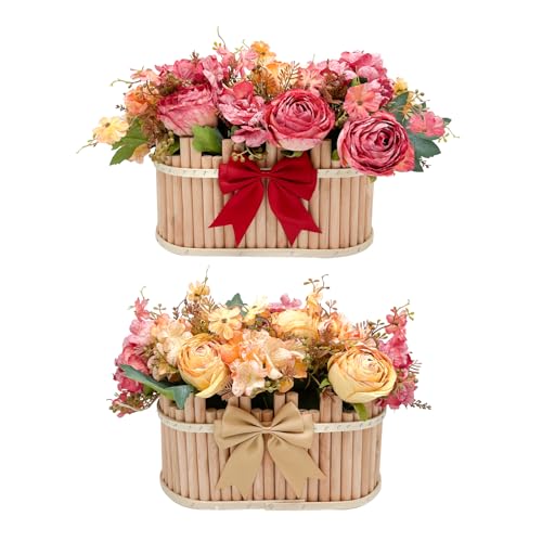 Dining Table Centerpiece Decor - Pre-Made Artificial Flower Arrangement Fake Floral with Wooden Vase for Farmhouse Kitchen Bathroom Living Room Decorations (Orange-Red) - color: Orange-red