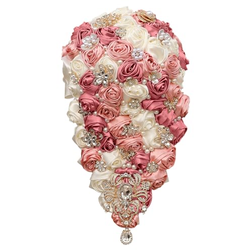 Handmade Satin Rose Water Drop Bridal Bouquet,8.7inch Crystal Wedding Round Tossing Bouquet,Jewelry Proposal Bridesmaid Bouquet Groom Corsage Bride Wrist Flower Ivory (07#Ivory Deep Pink) - color: 07#ivory Deep Pink