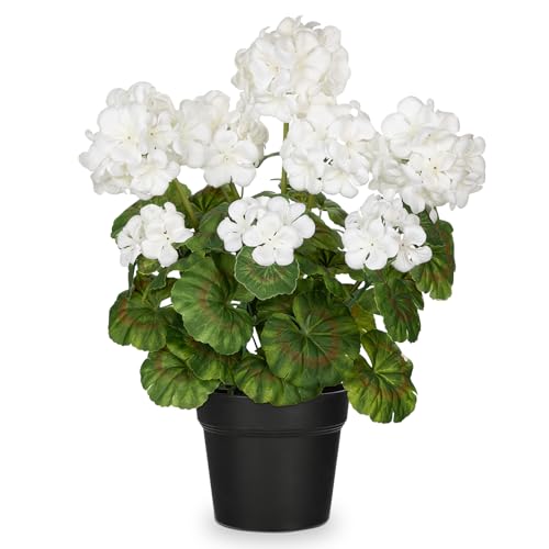 Briful Artificial Geranium Potted Plant – 16” Tall, Realistic Silk Flowers with Vibrant Green Leaves, White Geraniums Fake Flowers for Outdoors Home Décor, Wedding Farmhouse Office Tables Decor - color: White