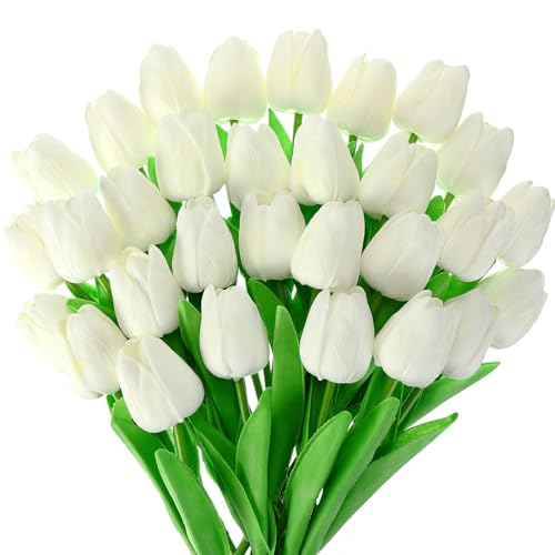 Lyrow 30 Pcs Tulips Artificial Bouquet Flowers Faux Tulips for Home Kitchen Wedding Decorations,Gift Idea for Easter Decor Mother's Day Birthdays(White) - color: White