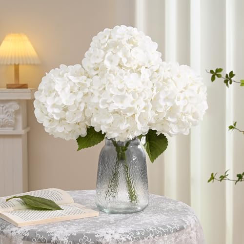 4 Pcs White Hydrangea Artificial Flowers, Latex Real Touch Hydrangea Flowers, 19.6'' Full Faux Hydrangea Flowers Fake Flowers for Home Decor Party Wedding Centerpiece Bouquet Floral Arrangements - color: White