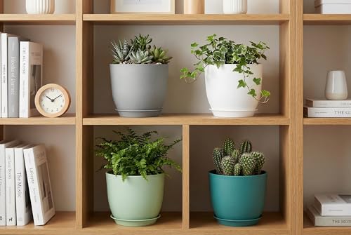 8 Inch Plant Pots Set of 4, Plastic Planters with Drainage Holes and Tray, Flower Pots for Indoor Outdoor Plants and Flowers (Multicolor) - color: White Green Blue Gray