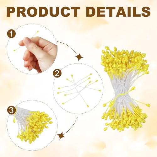 PATIKIL 3mm Double Heads Flower Stamen, 150 Pcs Artificial Flower Stamen Pistil Matt Pearl Floral Stamen for DIY Christmas Card Wedding Decoration, Yellow - color: Yellow