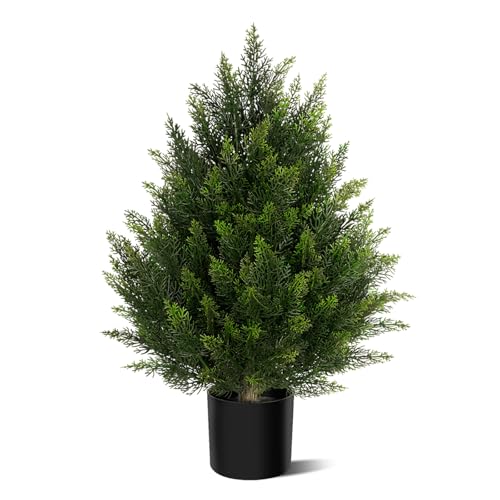 Vitalismo Outdoor Artificial Cedar Topiary Tree, Faux Evergreen Shrubs for Front Porch Decor, Lifelike Fake Bushes Plants for Home Living Room Front Door Decor (1, 2ft) - size: 2ft