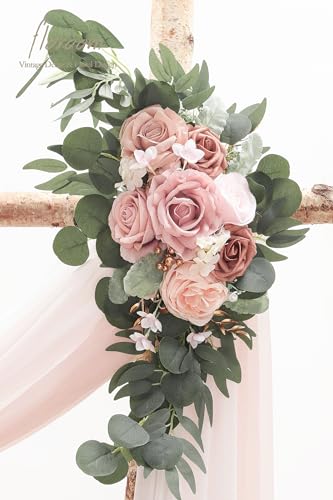 Floroom Arch Flowers with Drapes Kit (Pack of 4) - 2pcs Artificial Dusty Rose & Blush Floral Swag Arrangement with 2pcs Draping Fabric for Wedding Ceremony Arbor and Reception Backdrop Decoration - color: Dusty Rose