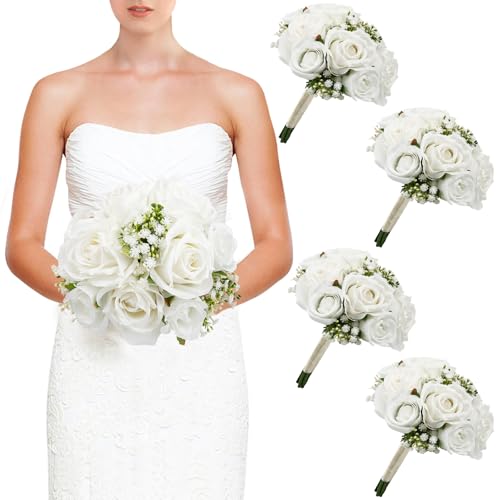Wedding Bridesmaid Bouquets Set of 4, Artificial Silk Flowers Arrangement for Ceremony Marriage Proposal Party Anniversary Decorations - White - color: White, size: Set of 4 Bouquets