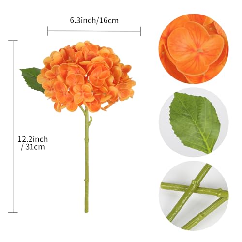 IPOPU 6PCS Real Touch Hydrangea Artificial Flowers Orange Faux Hydrangeas with Stems Latex Realistic Full Fake Hydrangeas for Wedding Centerpieces Bouquets DIY Floral Arrangements Home Decor (Orange) - color: Orange