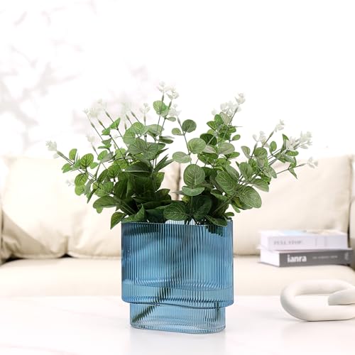 Ribbed Glass Vase, Blue Glass Vase, Fluted Short Vases for Flowers, Modern Vases for Living Room, Dining Room, Bathroom, Desk, Shelf, Wedding, Office, 7 Inches - color: Blue, size: Oval 7 Inches