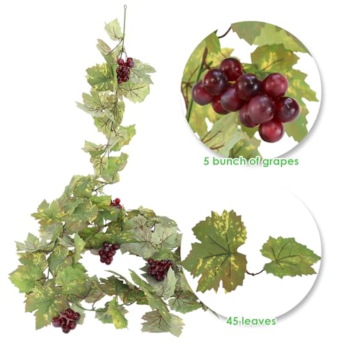 Artificial Grape Vine Leaf Garland Plant with 5 Strings Grapes, 6.5ft Artificial Fake Grape Vines Fake Greenery for Wedding Party Home Indoor Outdoors Decoration - color: Summer Grape Leaf-1pc